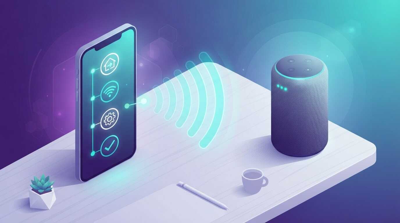 スマートフォンのアプリ画面からスマートスピーカーを設定している様子を表したイラスト
