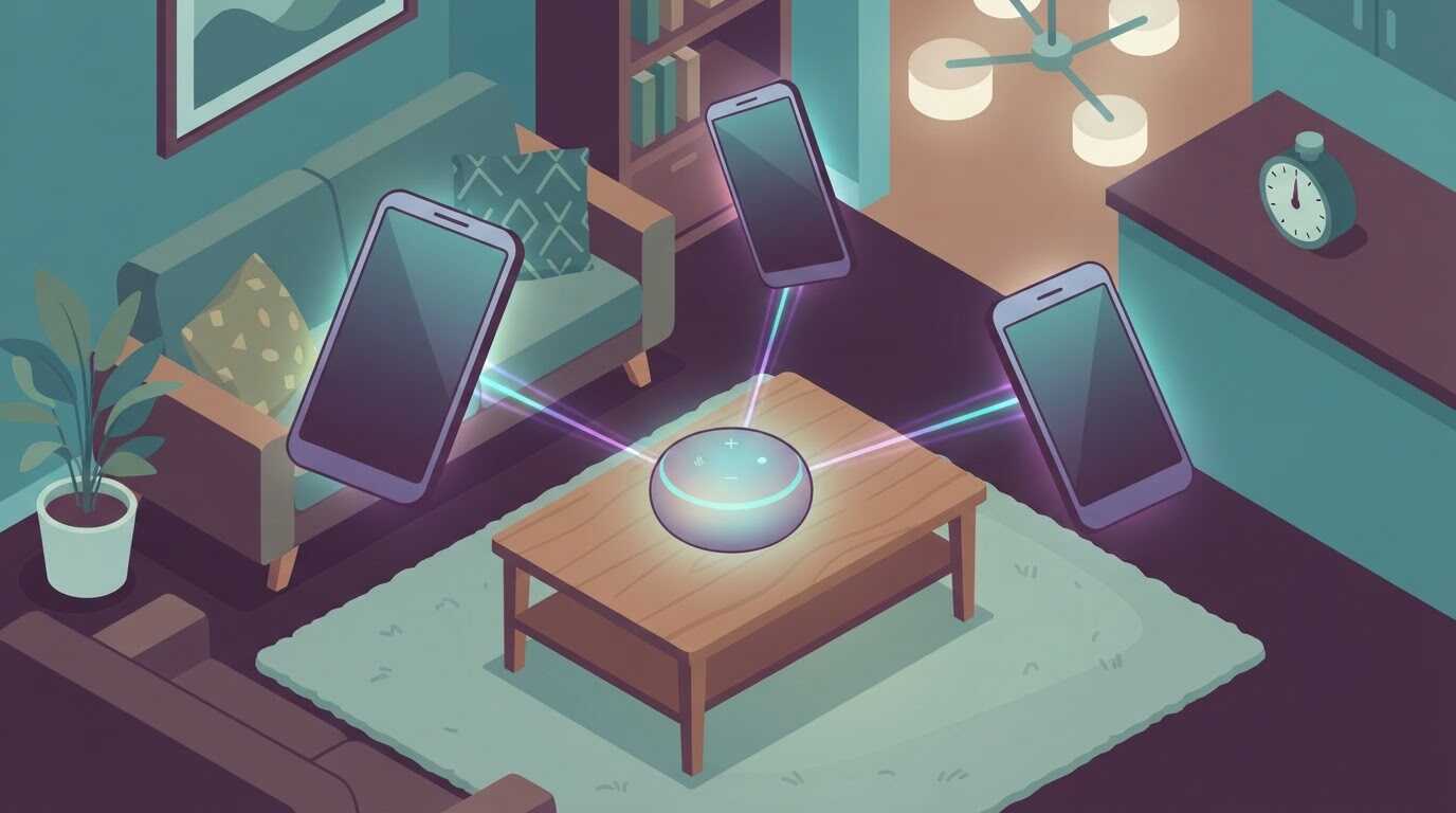 家族それぞれのスマホのAlexaアプリから、リビングの同じEchoを操作するイメージ