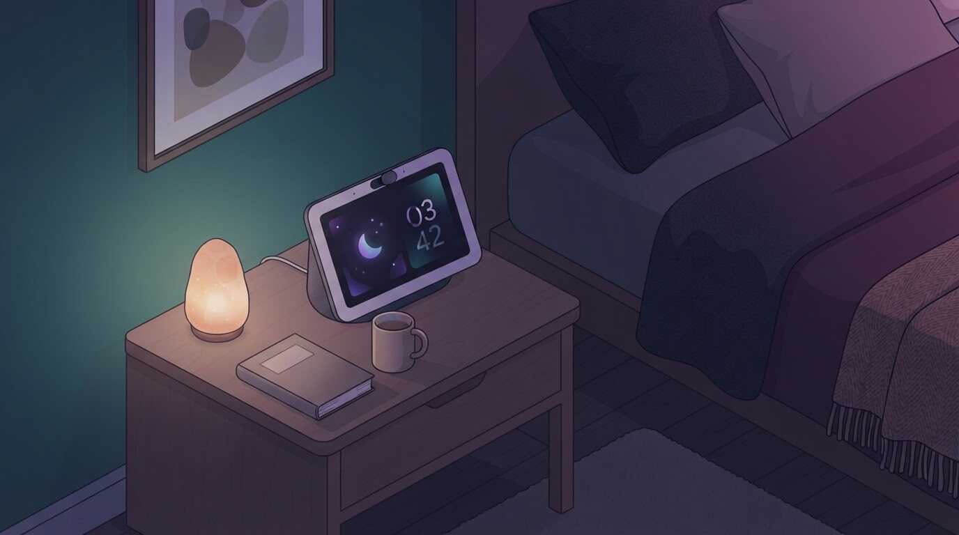 夜の寝室でナイトモードにしたエコーショー5が暗い画面で時計を表示している様子