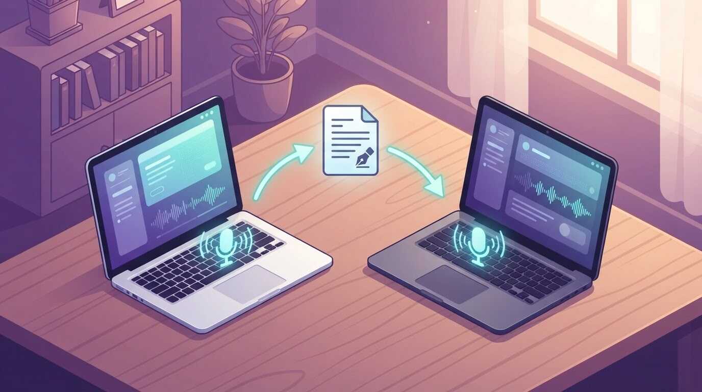 WindowsとMacの2台のパソコンで音声入力を使い、話した内容が文書になる流れのイメージ